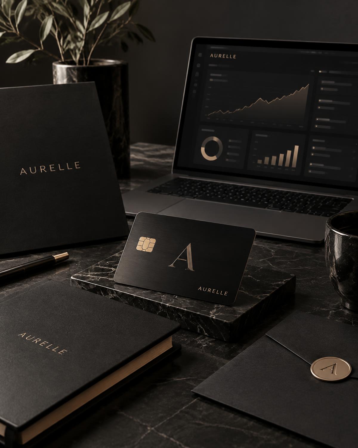 Aurelle identity: black metal card, stationery and desktop wealth dashboard