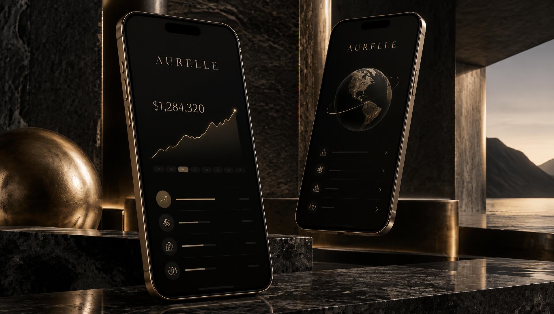 Aurelle wealth app shown on two gold-framed phones in a dark stone interior