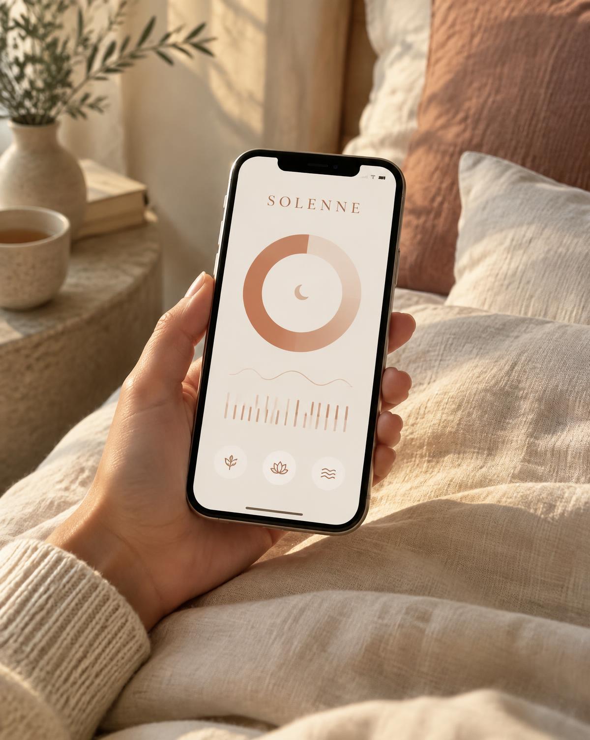 Solenne sleep app on a phone held in warm morning light